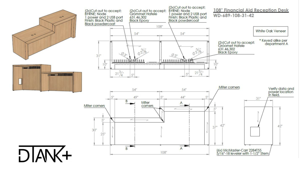 Detailed shop drawing for a custom workspace. Value engineering. 