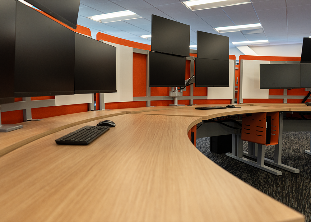 Custom workspace, office desk, dual monitors