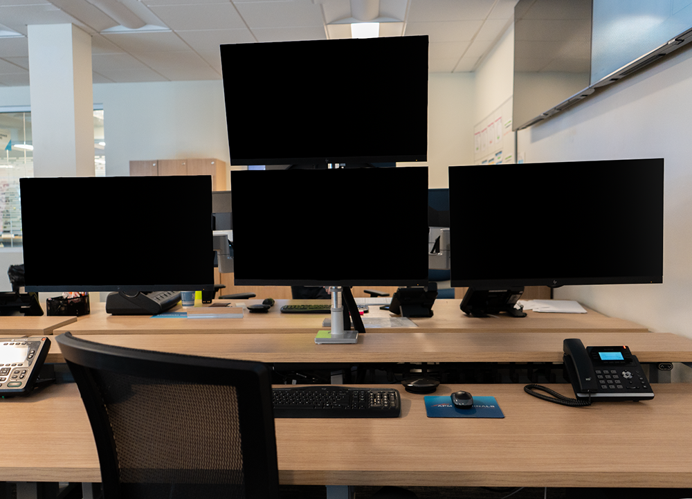 Custom workspace, dual monitors, office desk